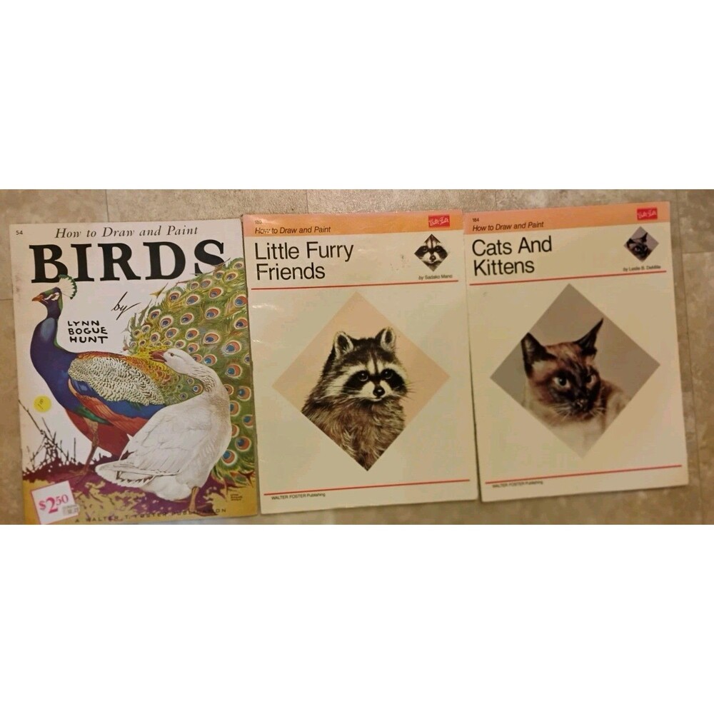 Lot of 3 Vintage Walter Foster Art Books How to Draw Birds Cats Kittens Animals